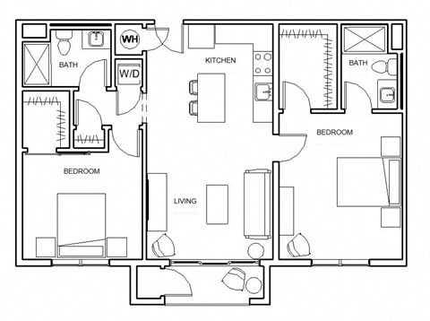 Floor plan for 2 beds, 2 baths, 958 sqft